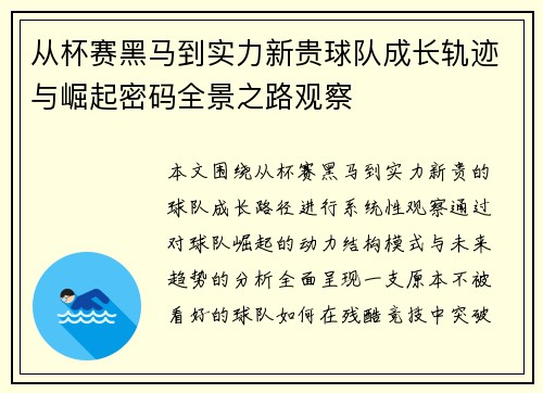 从杯赛黑马到实力新贵球队成长轨迹与崛起密码全景之路观察