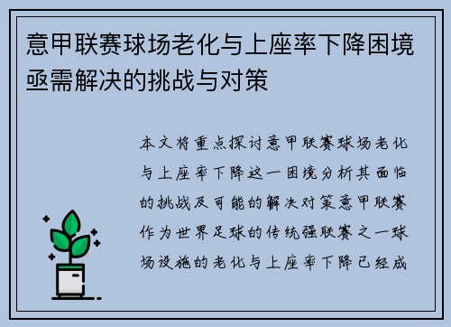 意甲联赛球场老化与上座率下降困境亟需解决的挑战与对策