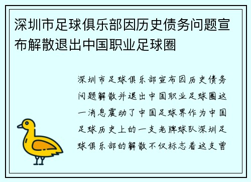 深圳市足球俱乐部因历史债务问题宣布解散退出中国职业足球圈